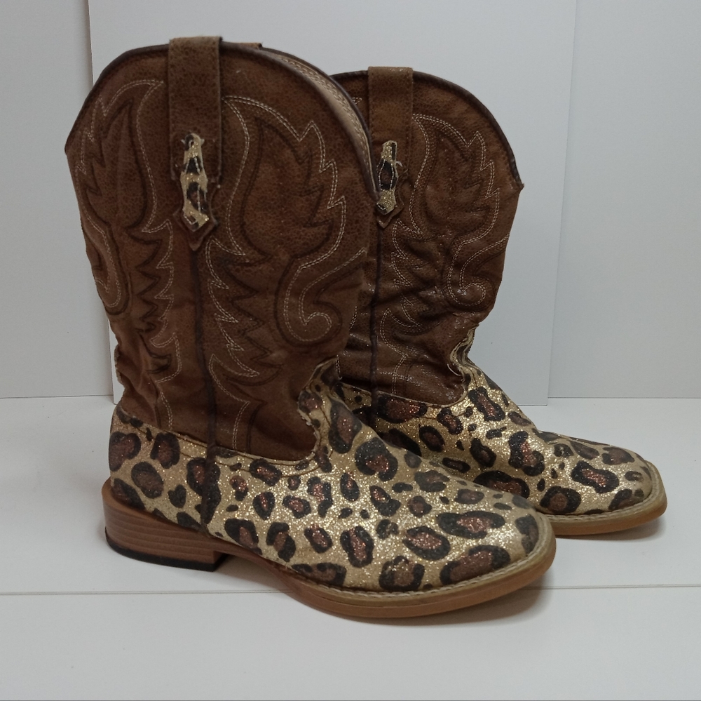 GENTLY USED little girls Roper cowboy boots glitter cheetah print & brown,sz 2